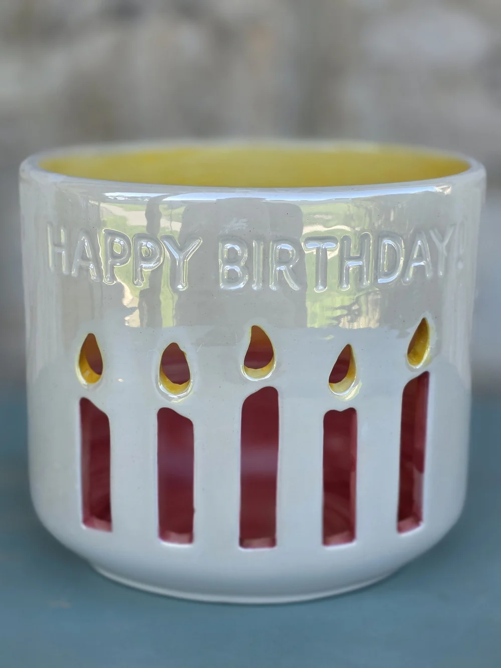 Happy Birthday Ceramic Friendship Light Candle Holder — Pink & White